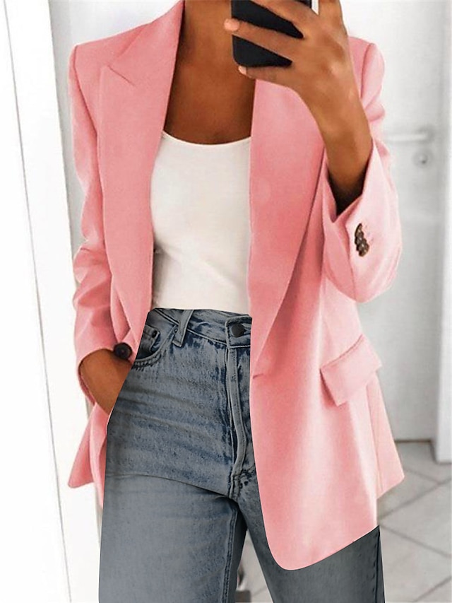  Women's Blazer Classic Style Solid Color Business Long Sleeve Coat Wedding Party Fall Spring Regular Jacket Pink / Oversized