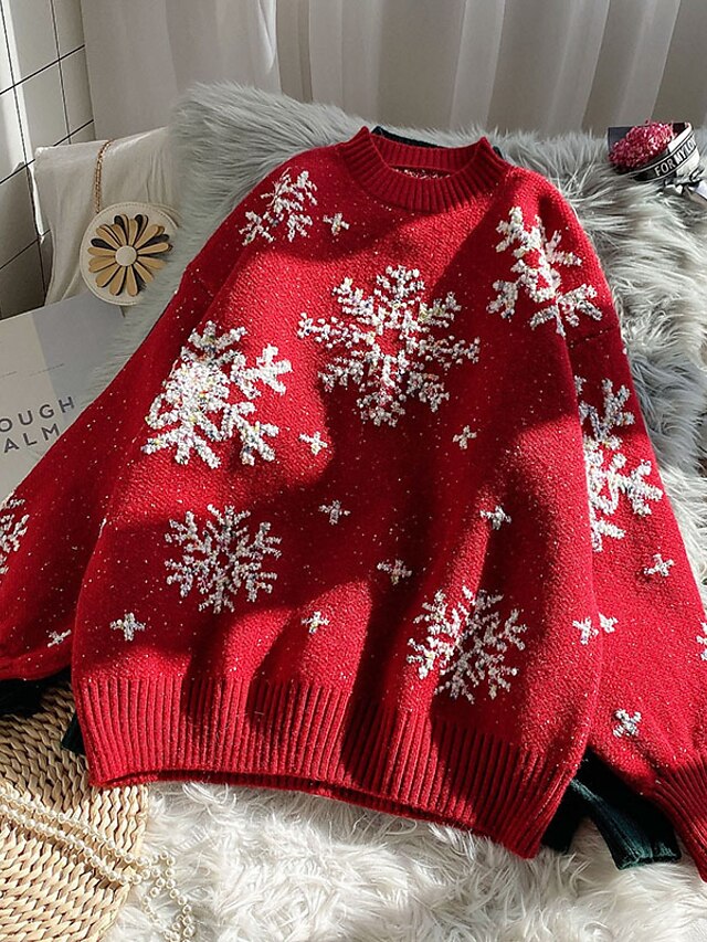pullover sweater strikket blomster afslappet blød langærmet regular fit sweater cardigans hals efterår vinter grøn sort rød 8847298 2021 – $41.57
