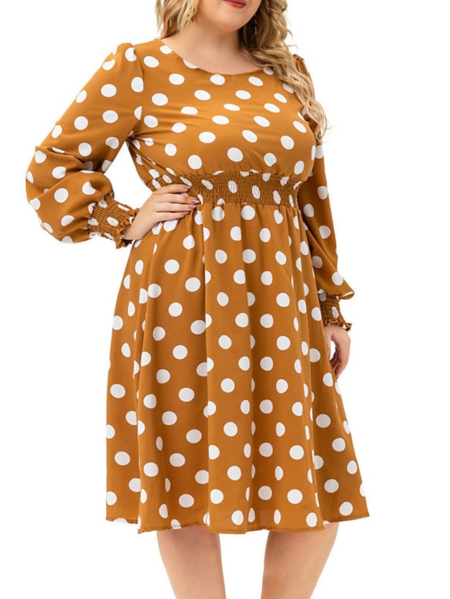 Womens Clothing Plus Size Collection | Womens Plus Size A Line Dress Polka Dot Round Neck Print Long Sleeve Fall Casual Knee Len