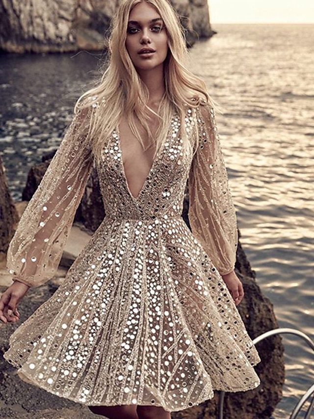  Γυναικεία Φόρεμα σε γραμμή Α Μίνι φόρεμα Χρυσό Μακρυμάνικο Συμπαγές Χρώμα Πούλιες Δίχτυ Κουρελού Φθινόπωρο Άνοιξη Βαθύ V Ρομαντικό Σέξι Πάρτι Φανάρι μανίκι 2021 Τ M L XL / Φόρεμα για πάρτυ