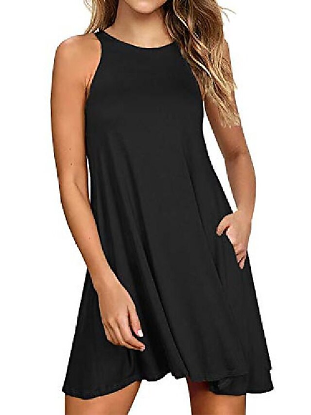  Women's Girls Black Dress Wine ArmyGreen Green Black Purple Pink Sky Blue Royal Blue Red Brown Sleeveless Solid Color Pocket Summer Round Neck Basic Essential Casual 2022 S M L XL 2XL