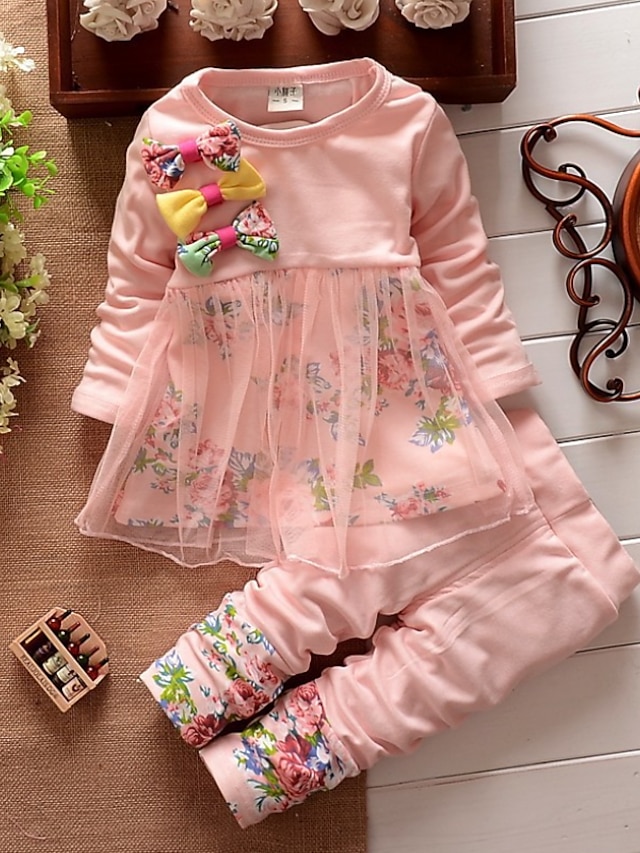  Kids Girls' Clothing Set 2 Pieces Long Sleeve Green Pink Red Print Ruched Print Cotton Casual Daily Basic Cute Regular Maxi 2-8 Years / Winter