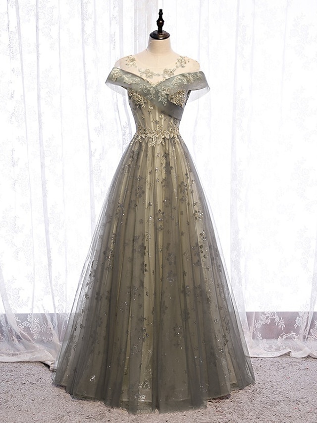  Γραμμή Α Βραδινά φορέματα Κομψό Φόρεμα Επισκέπτης γάμου Αρραβώνας Μακρύ Κοντομάνικο Λαιμός ψευδαίσθησης Τούλι με Πλισέ 2024
