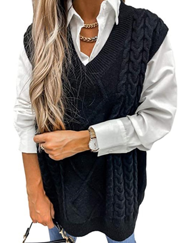 Womens Clothing Sweaters & Cardigans | Womens Vest Jumper cable Knit Tunic Knitted Solid Color V Neck Stylish Basic Home Daily F