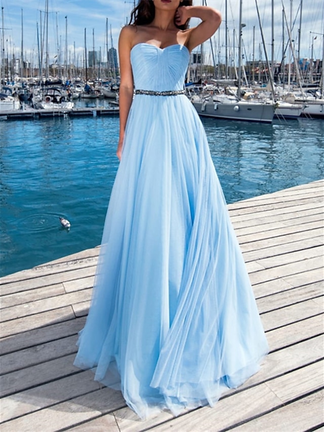  A-Line Evening Dresses Empire Dress Wedding Guest Floor Length Sleeveless Strapless Tulle with Beading 2022 / Formal Evening