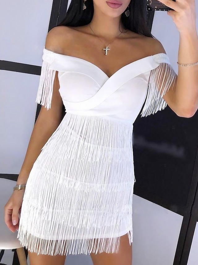  Women's Short Mini Dress A Line Dress White Black Sleeveless Tassel Fringe Pure Color Off Shoulder Fall Spring Party Personalized Hot Sexy 2022 S M L XL