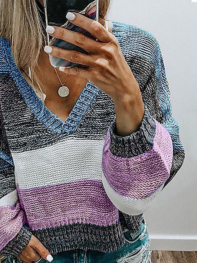 Womens Clothing Sweaters & Cardigans | Womens Sweater Jumper crochet Knit Knitted Striped V Neck Stylish Casual Daily Weekend Fa