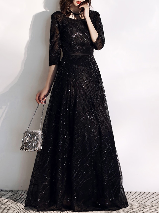 A-Line Sparkle Elegant Prom Formal Evening Dress Jewel Neck Half Sleeve ...
