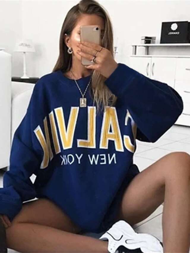  Women's Hoodie Sweatshirt Pullover Cotton Basic Oversized Blue Letter Text Slogan Loose Fit Daily Round Neck Long Sleeve Fall & Winter