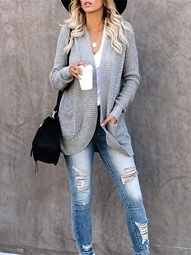  Women's Cardigan Pocket Knitted Solid Color Basic Casual Chunky Long Sleeve Loose Sweater Cardigans Open Front Fall Winter Beige