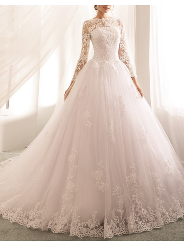  Princess A-Line Wedding Dresses Jewel Neck Court Train Lace Tulle Long Sleeve Romantic Luxurious with Appliques 2022
