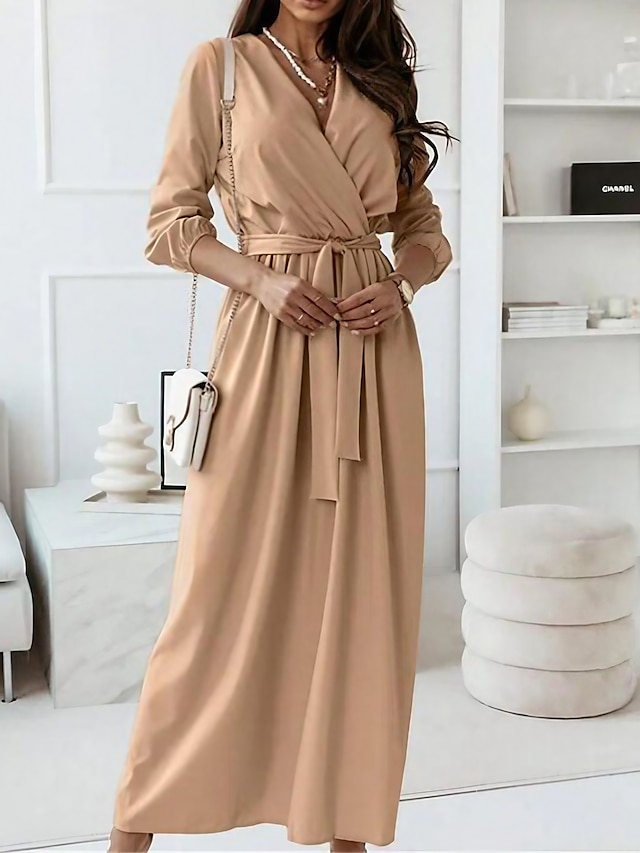 Womens Clothing Womens Dresses | Womens A Line Dress Maxi long Dress Blue Pink Khaki Red Long Sleeve Solid Color Ruched Lace up 