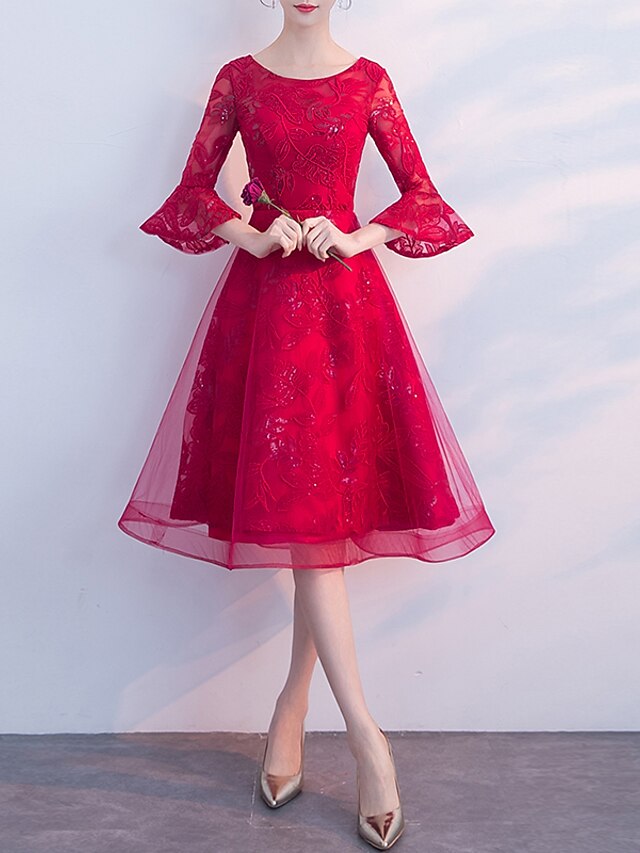 A Line Elegant Floral Party Wear Cocktail Party Dress Jewel Neck 3 4 Length Sleeve Knee Length Tulle With Ruffles Appliques 21 21 99
