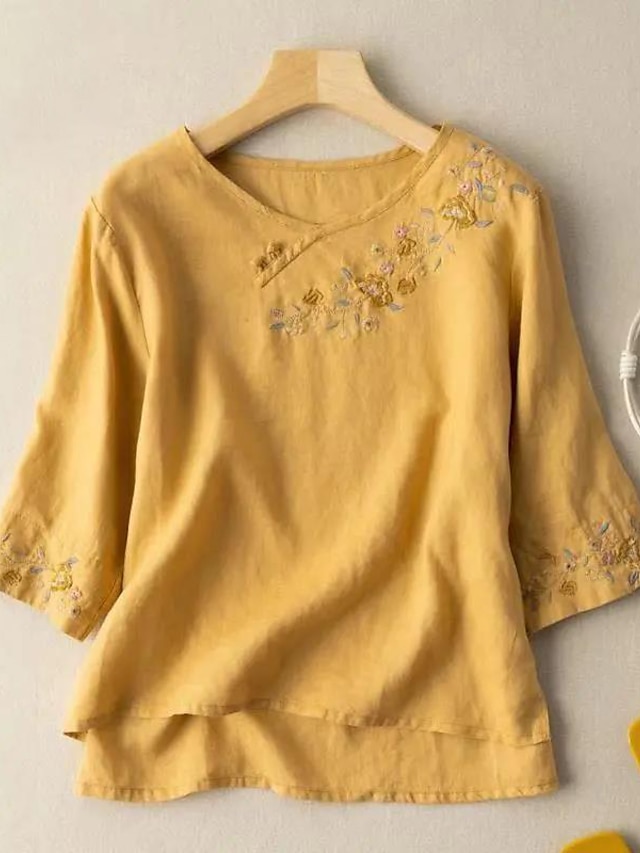 Womens Clothing Plus Size Collection | Womens Plus Size Tops Blouse Floral Embroidered 3/4 Length Sleeve Crewneck Basic Daily We