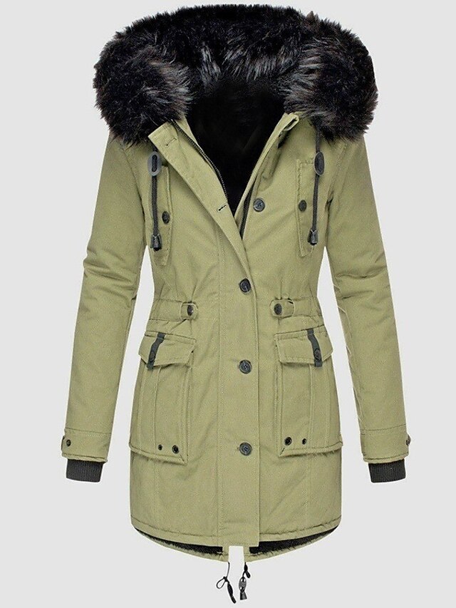 Women's Plus Size Winter Coat Hoodie Coat Fur Trim Pocket Plain Causal ...