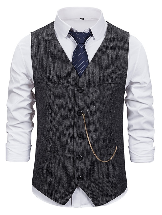  Men's Vest Waistcoat Wedding Daily Sporty 1920s Fall Pocket Polyester Thermal Warm Solid Color Single Breasted V Neck Regular Fit Black Coffee Gray Vest