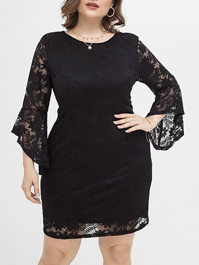 Womens Clothing Plus Size Collection | Womens Plus Size Sheath Dress Solid Color Round Neck Lace Long Sleeve Fall Summer Work Ca