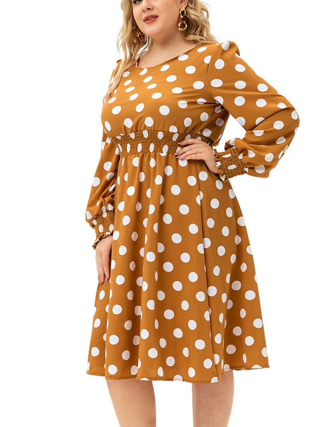 Womens Clothing Plus Size Collection | Womens Plus Size A Line Dress Polka Dot Round Neck Print Long Sleeve Fall Casual Knee Len