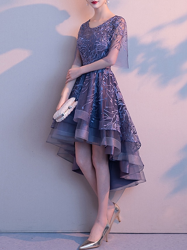  שמלות קוקטייל א-ליין שמלת מסיבה שמלת מסיבת קוקטייל מסיבת קוקטייל אסימטרית טול צווארון תכשיט חצי שרוול עם רקמה מדורגת 2024