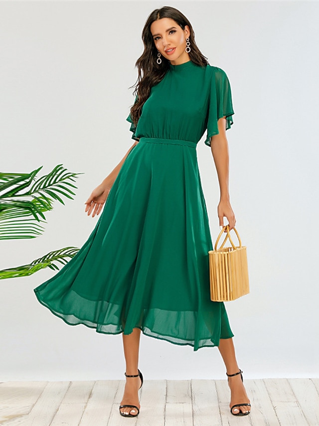 Womens Clothing Womens Dresses | Womens A Line Dress Midi Dress Green Half Sleeve Solid Color Drawstring Fall Winter Round Neck 