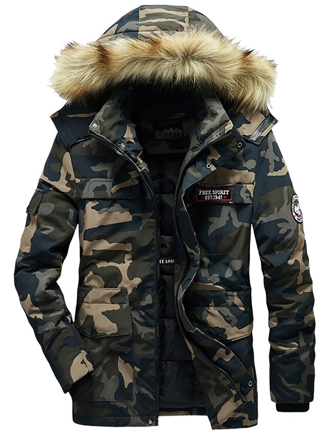  Men's Padded Daily Winter Long Coat Hooded Standard Fit Jacket Long Sleeve Geometric Army Green
