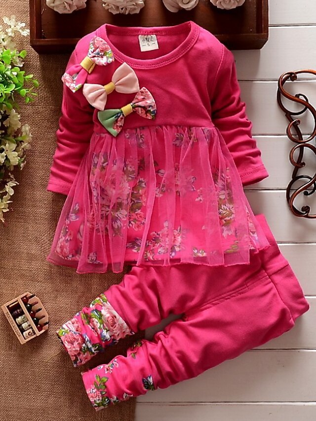 Baby & Kids Girls Clothing | Kids Girls Clothing Set 2 Pieces Long Sleeve Green Pink Red Print Ruched Print Cotton Casual Daily 