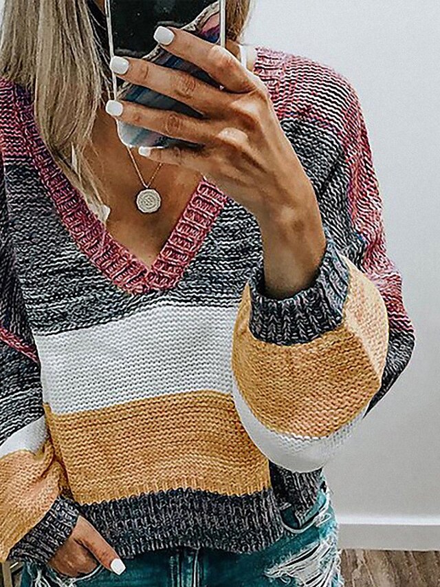 Womens Clothing Sweaters & Cardigans | Womens Sweater Jumper crochet Knit Knitted Striped V Neck Stylish Casual Daily Weekend Fa