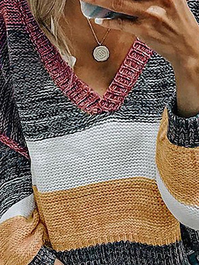 Womens Clothing Sweaters & Cardigans | Womens Sweater Jumper crochet Knit Knitted Striped V Neck Stylish Casual Daily Weekend Fa