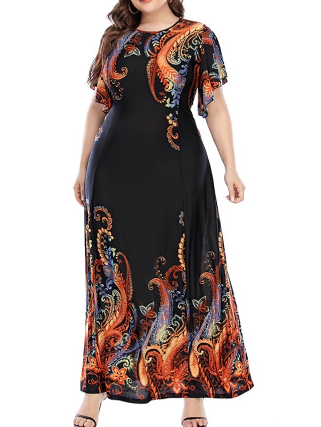 Womens Clothing Plus Size Collection | Womens Plus Size A Line Dress Floral Round Neck Print Short Sleeve Fall Summer Casual Boh