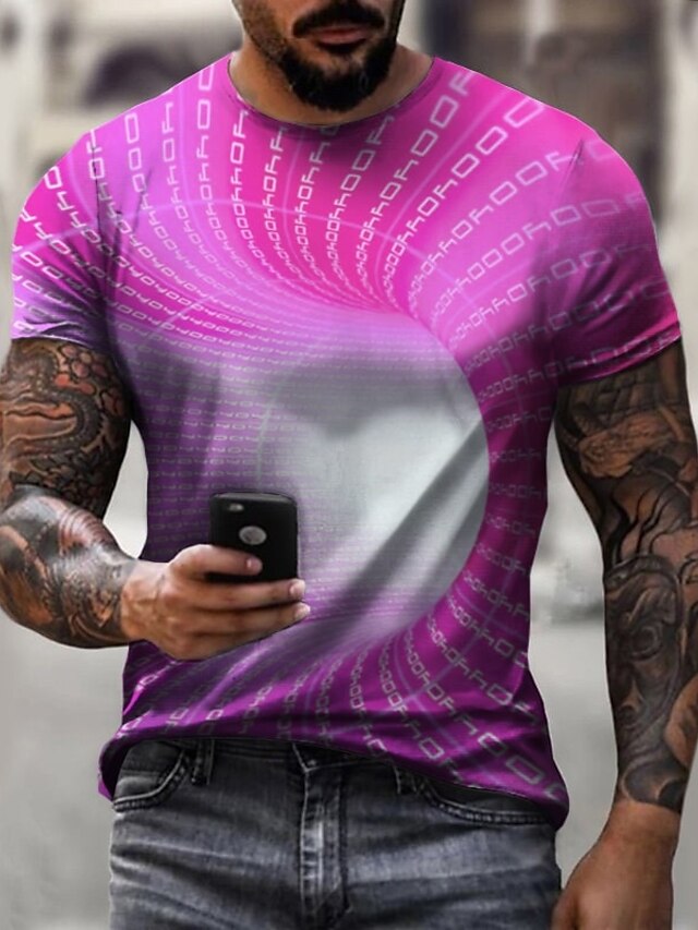 Men's T shirt Tee Graphic Optical Illusion 3D Round Neck Yellow Pink ...