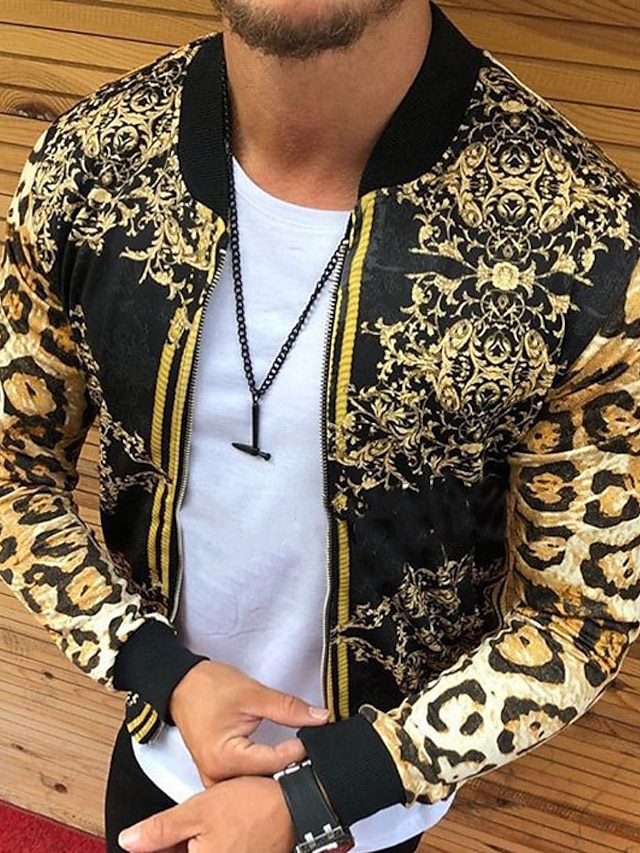  Hombre Chaqueta ligera Chaqueta de verano Exterior Calle Transpirable Bolsillo Estampado Otoño Leopardo Floral Ropa de calle Deportivo Cuello Vuelto Regular Ajuste regular Dorado Chaquetas