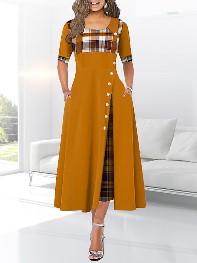 Womens Clothing Womens Dresses | Womens A Line Dress Midi Dress Black Purple Wine Yellow Short Sleeve Plaid Button Print Spring 