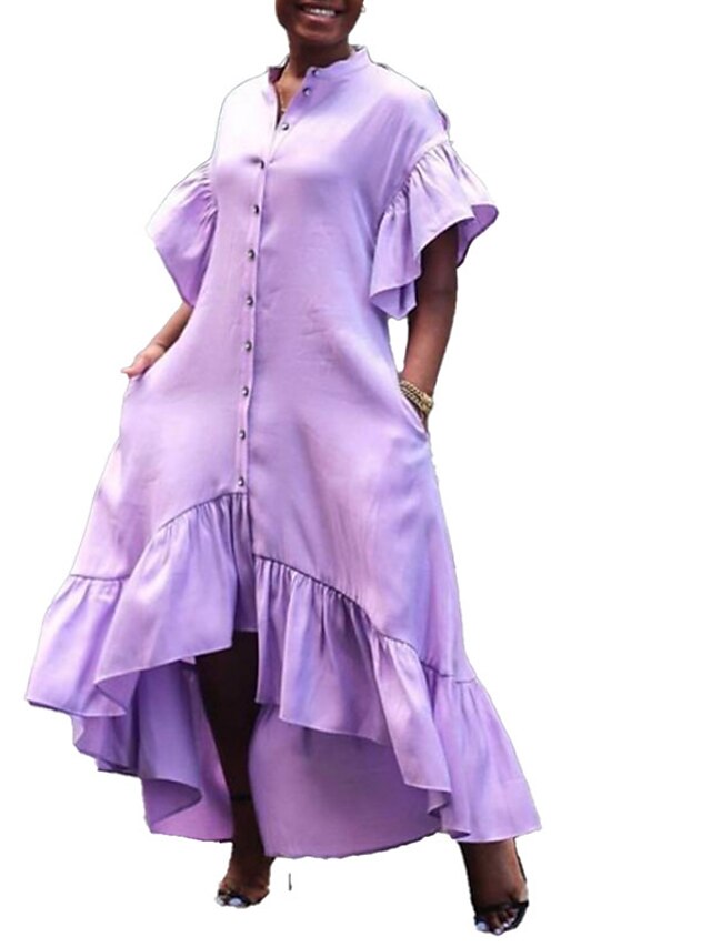 Womens Clothing Womens Dresses | Womens A Line Dress Maxi long Dress Light Purple Red Short Sleeve Solid Color Ruffle Pocket Plu