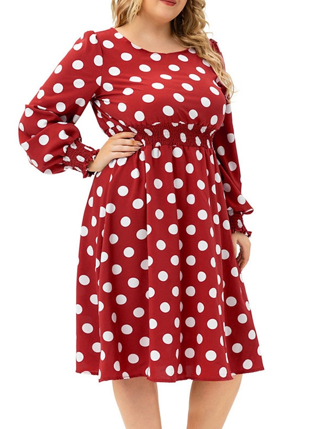 Womens Clothing Plus Size Collection | Womens Plus Size A Line Dress Polka Dot Round Neck Print Long Sleeve Fall Casual Knee Len