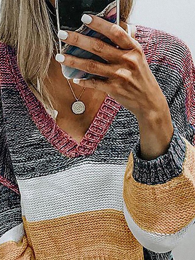 Womens Clothing Sweaters & Cardigans | Womens Sweater Jumper crochet Knit Knitted Striped V Neck Stylish Casual Daily Weekend Fa