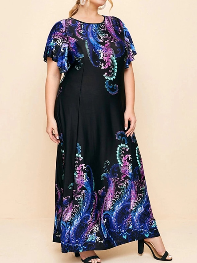 Womens Clothing Plus Size Collection | Womens Plus Size A Line Dress Floral Round Neck Print Short Sleeve Fall Summer Casual Boh