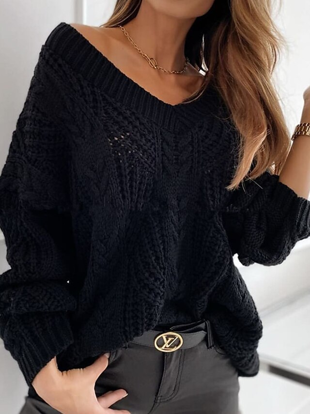 Womens Clothing Sweaters & Cardigans | Womens Sweater Jumper crochet Knit Knitted Hole Solid Color Deep V Stylish Casual Daily D