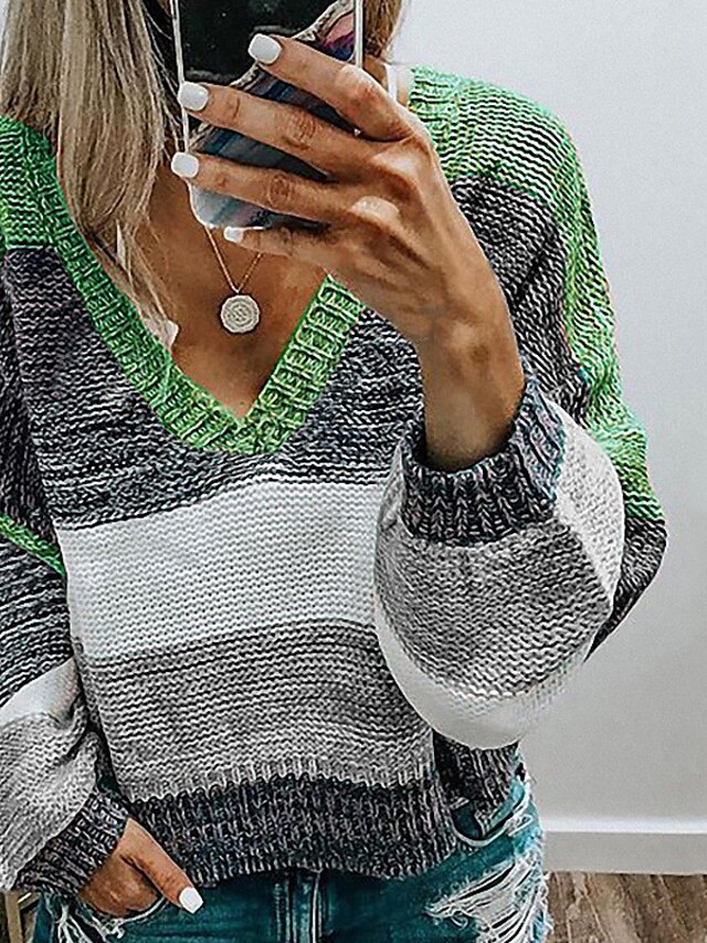 Womens Clothing Sweaters & Cardigans | Womens Sweater Jumper crochet Knit Knitted Striped V Neck Stylish Casual Daily Weekend Fa