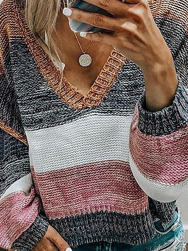 Womens Clothing Sweaters & Cardigans | Womens Sweater Jumper crochet Knit Knitted Striped V Neck Stylish Casual Daily Weekend Fa