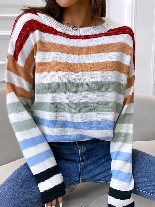 Womens Clothing Sweaters & Cardigans | Womens Pullover Sweater Jumper Knit Knitted Rainbow Crew Neck Stylish Casual Daily Weeken