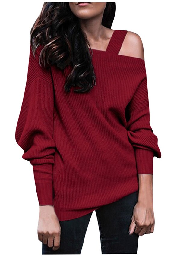 Womens Clothing Sweaters & Cardigans | Womens Pullover Sweater Jumper Knit Tunic Knitted Hole Solid Color One Shoulder Stylish B