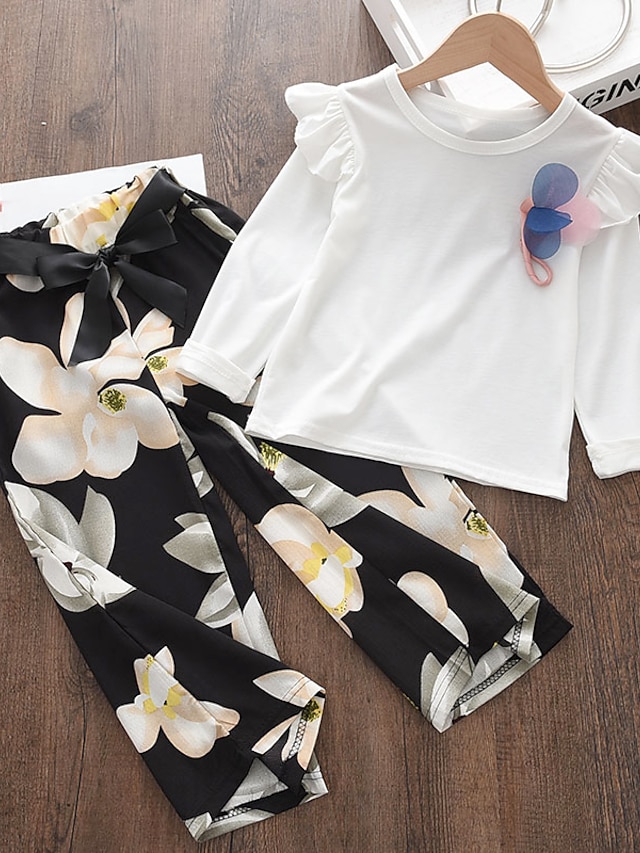 Baby & Kids Girls Clothing | Kids Girls T-shirt & Pants Clothing Set 2 Pieces Long Sleeve White Floral Graphic Casual Comfort Re