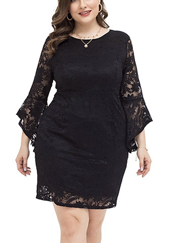 Womens Clothing Plus Size Collection | Womens Plus Size Sheath Dress Solid Color Round Neck Lace Long Sleeve Fall Summer Work Ca