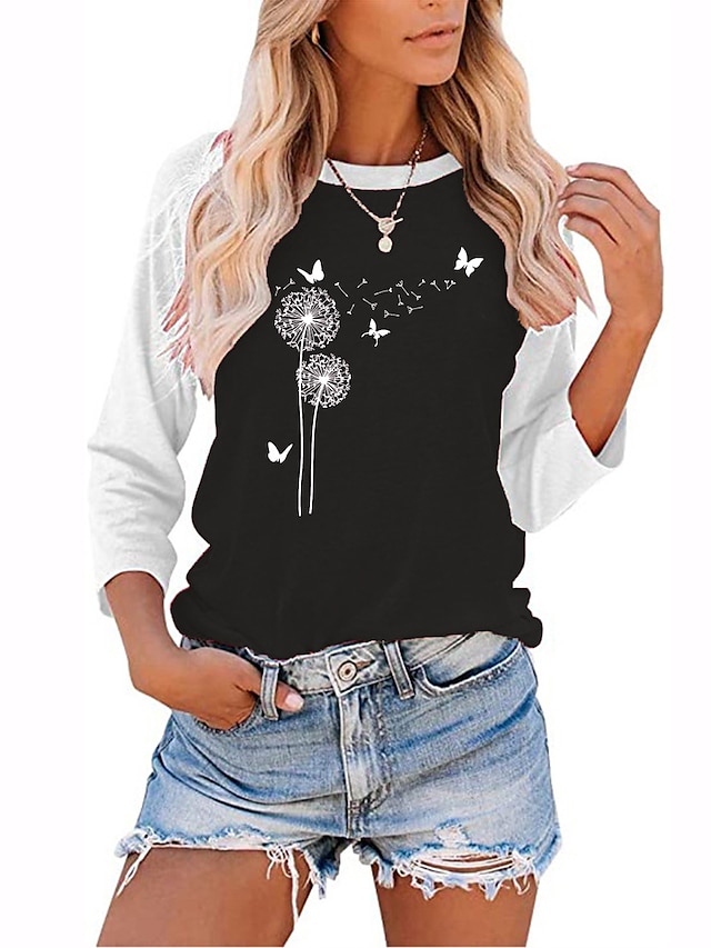 Womens Clothing Womens Tops | Womens Butterfly Dandelion Holiday Weekend Floral Butterfly Painting T shirt Tee Long Sleeve Print