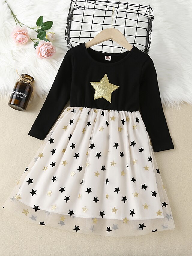 Baby & Kids Girls Clothing | Kids Little Girls Dress Geometric Swing Dress Casual Daily Patchwork Black Midi Long Sleeve Basic B