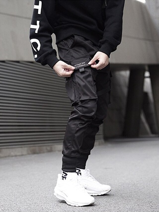 Mens Clothing Mens Bottoms | mens joggers pants long trousers multi-pockets Ribbon streetwear cargo pants outdoor fashion casual