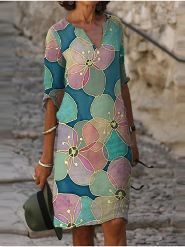  Dames Mini-jurk Casual jurk Etnische jurk Mini-jurk T shirt jurk Casual Winter jurk Vakantie Werk Ruim Passend Bloemig Geometrisch Paisley Lange mouw V-hals Zwart Rood Marine Blauw Regenboog Zomer