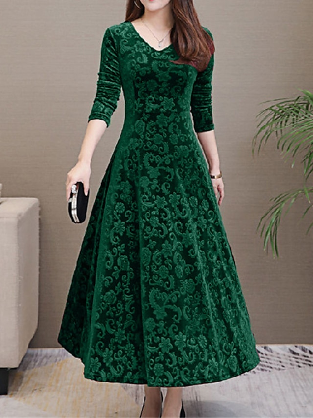  Dames Halflange jurk Fluwelen Jurk Feestjurk Swingjurk Smaragdgroene jurk Elegant Modieus Romantisch Winter jurk Vakantie Bruiloft gast Slank Bloemig Lange mouw V-hals Zwart Rood Groen Lente Herfst