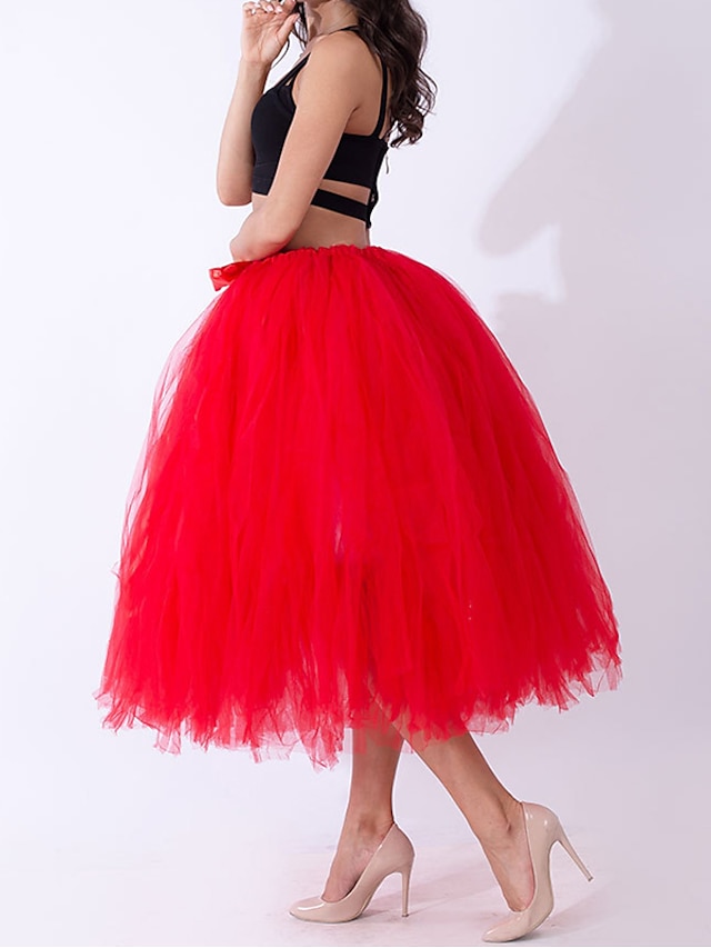  Women's Skirt Tutu Midi Skirts Layered Tulle Solid Colored Performance Party Summer Organza Basic Black White Red Purple