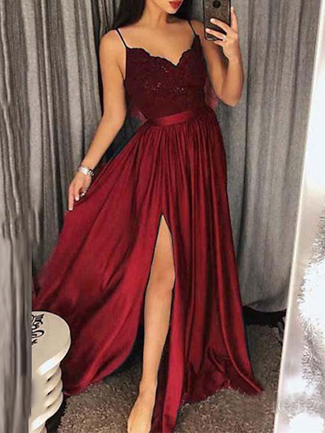 Womens Clothing Womens Dresses | Womens Strap Dress Maxi long Dress Black Wine Sleeveless Solid Color Split Lace Fall Summer V N